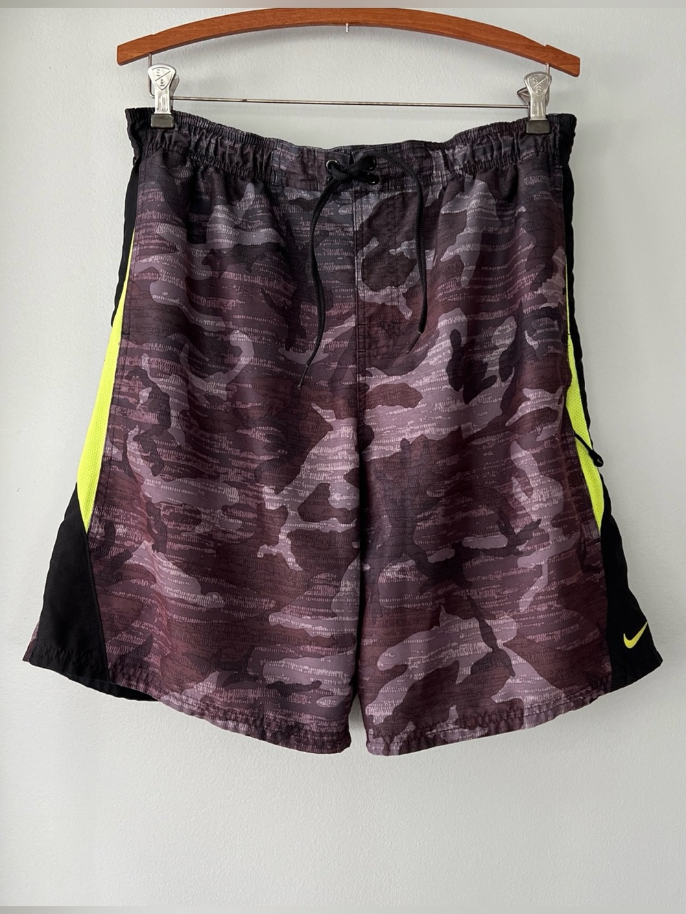 Nike Men's Camo Swim Trunks Board Shorts with Neon Yellow Accents Multi Pockets